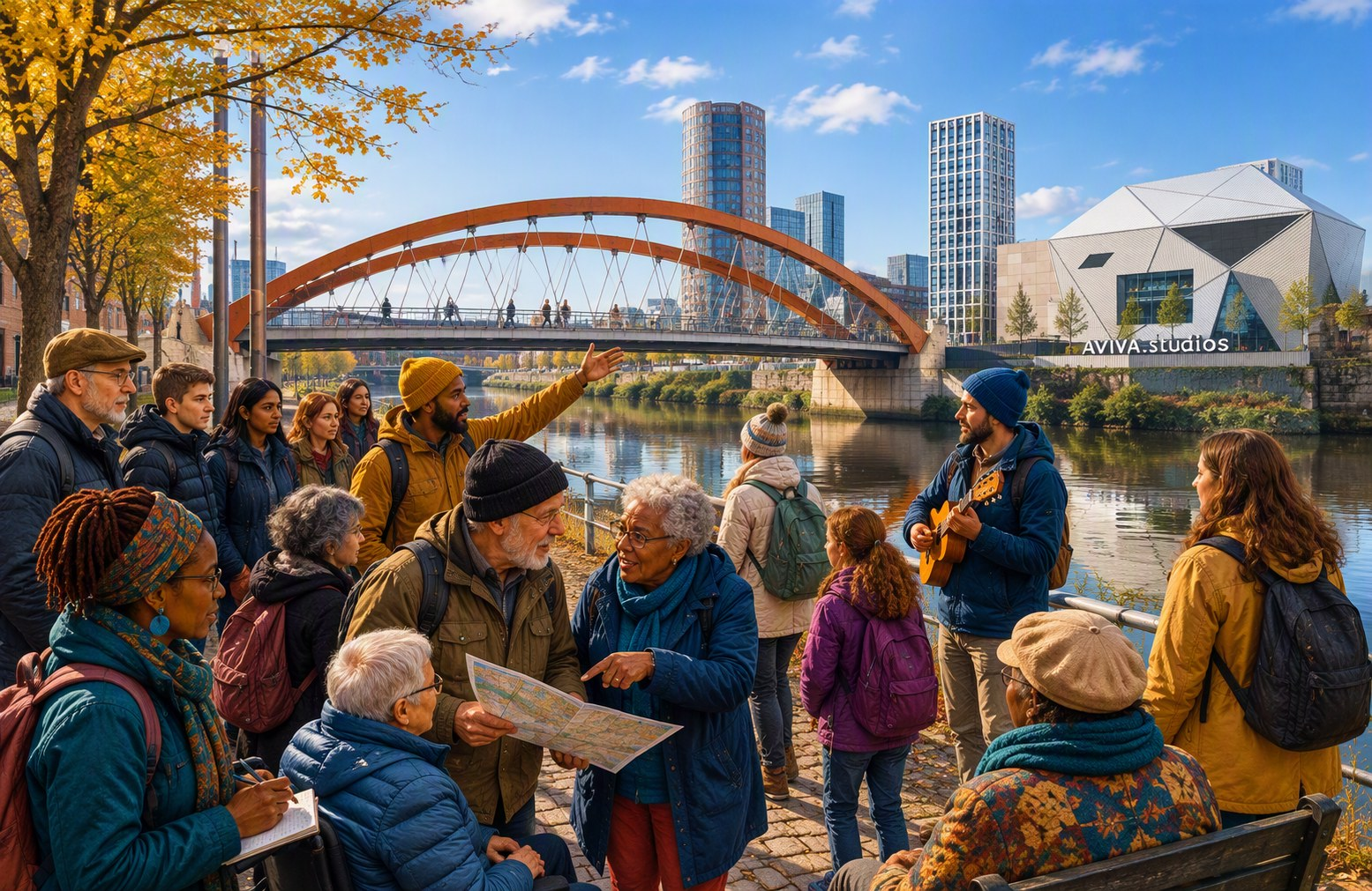 Illustrated mixed-age group exploring the River Irwell beside the Ordsall Chord and Prince's Bridge, with Aviva Studios visible across the river.