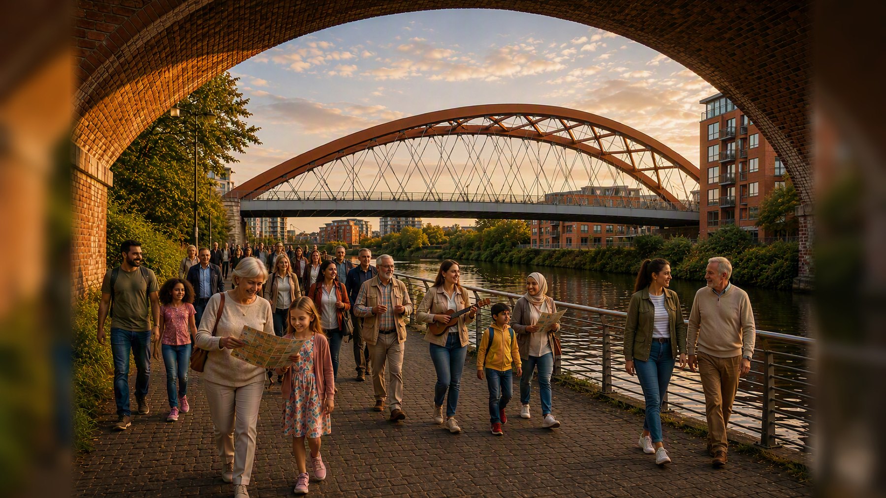Illustrative mixed-age group walking beside the River Irwell beneath brick railway architecture and an arched bridge.