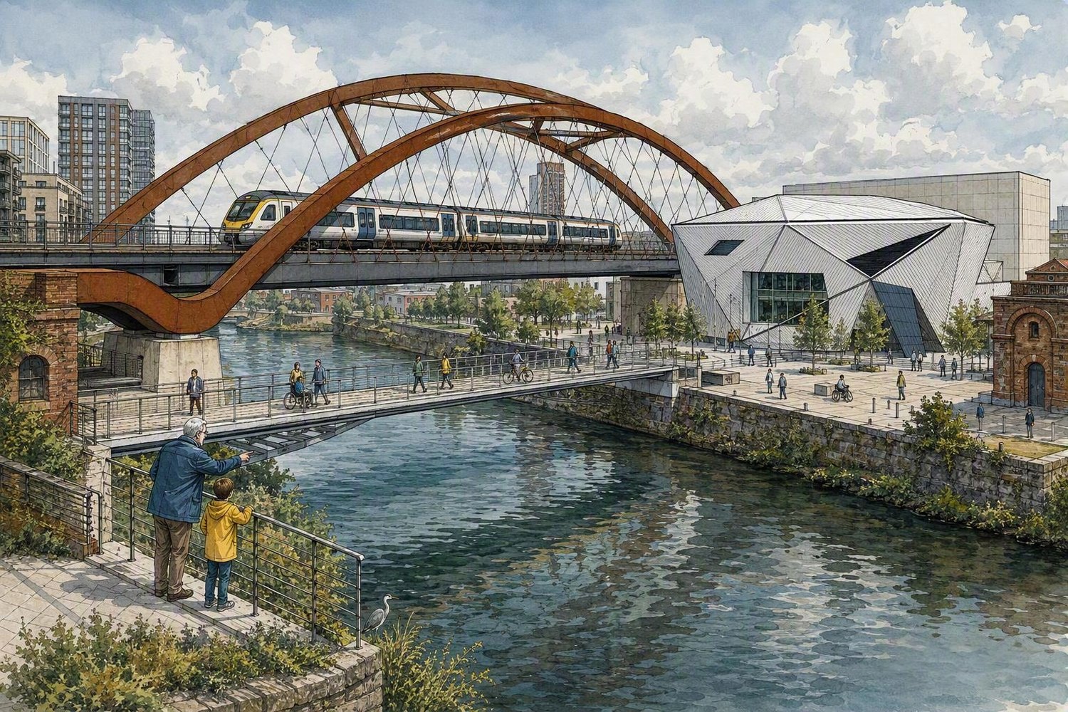 Illustrated view of Aviva Studios beside the River Irwell, with an arched railway bridge, train, riverside paths and city buildings.